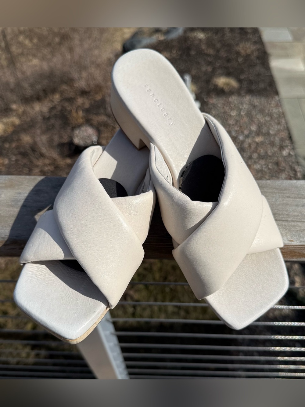 Sanctuary Ivory Crisscross Slide Mules